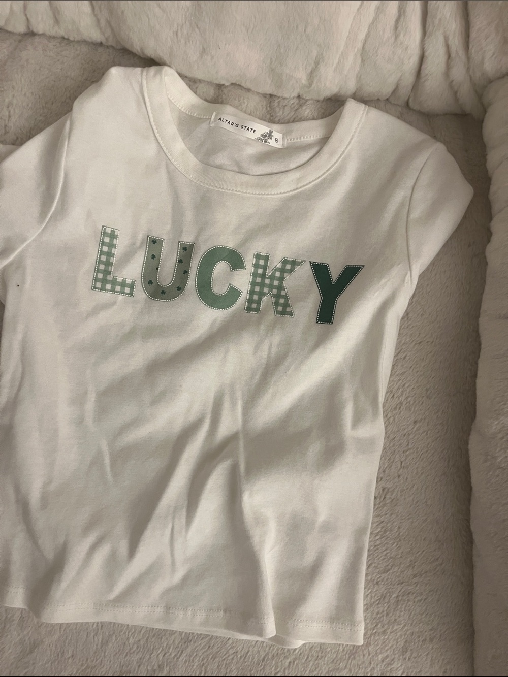Altar'd State Kids White Tee with Green 'LUCKY' Graphic